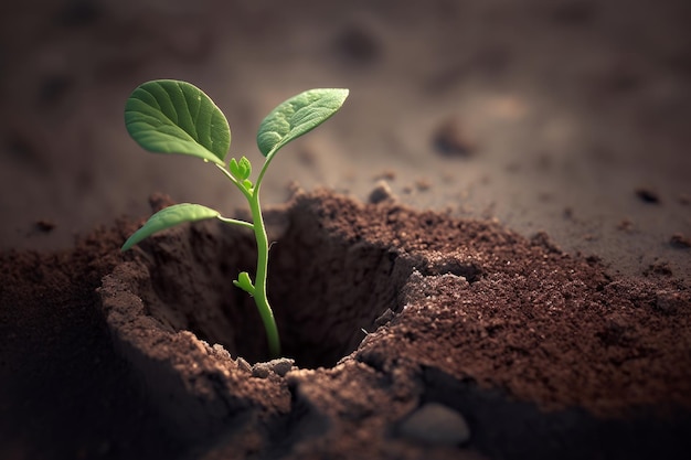 Hermoso primer plano joven planta pequeña en crecimiento a la luz del sol de la mañana