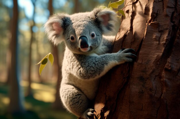 Un hermoso primer plano de un lindo koala colgando de un eucalipto