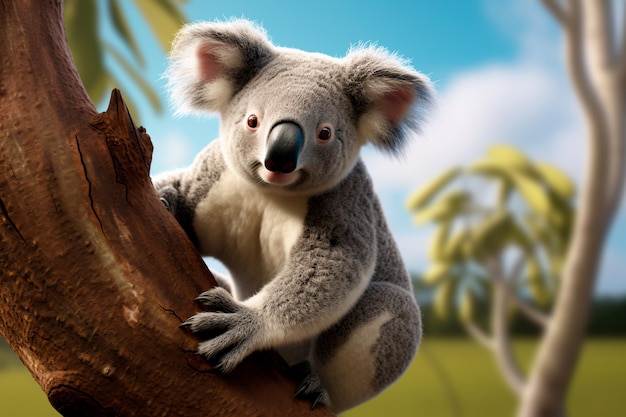 Un hermoso primer plano de un lindo koala colgando de un eucalipto