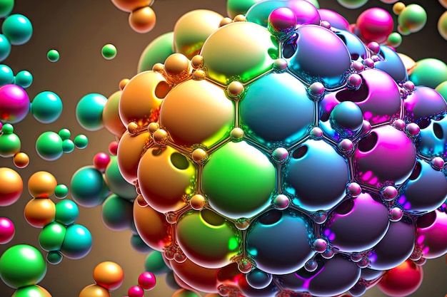 Hermoso primer plano de molécula multicolor iridiscente con estructura redonda