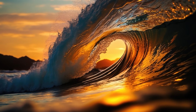 Hermoso primer plano de la ola en la puesta de sol