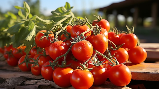 Hermoso primer plano de tomates rojos maduros en una granja Ilustración estilizada de agricultura ecológica generada por IA