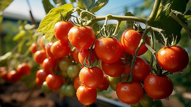 Hermoso primer plano de tomates rojos maduros en una granja Ilustración estilizada de agricultura ecológica generada por IA