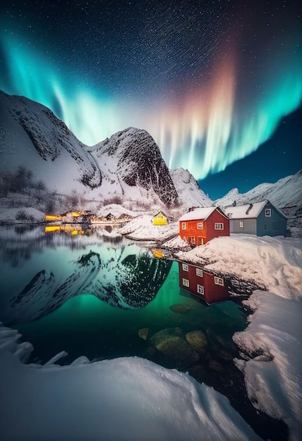 Hermoso pueblo con aurora y rastro de estrellas sobre el cielo nocturno Creado con tecnología de IA generativa