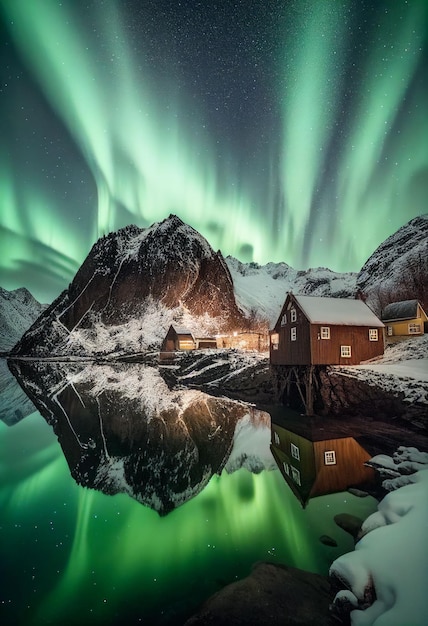 Hermoso pueblo con aurora y rastro de estrellas sobre el cielo nocturno Creado con tecnología de IA generativa