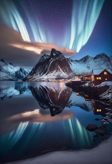 Hermoso pueblo con aurora y rastro de estrellas sobre el cielo nocturno Creado con tecnología de IA generativa