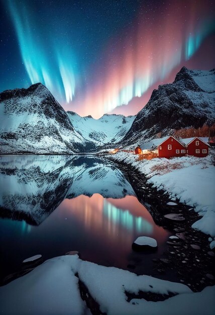 Hermoso pueblo con aurora y rastro de estrellas sobre el cielo nocturno Creado con tecnología de IA generativa