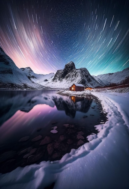 Hermoso pueblo con aurora y rastro de estrellas sobre el cielo nocturno Creado con tecnología de IA generativa