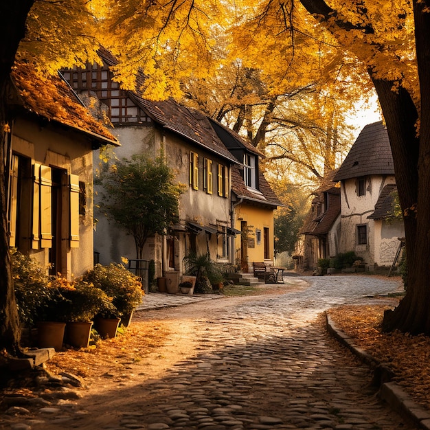 Un hermoso pueblo construido a ambos lados de la carretera pavimentada que muestra los colores del otoño