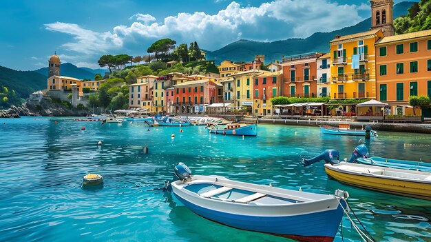 Hermoso pueblo costero con coloridos edificios y barcos en el puerto