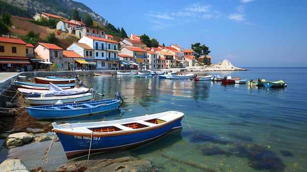 Un hermoso pueblo mediterráneo con casas coloridas y barcos El pueblo está situado en la costa y rodeado de montañas