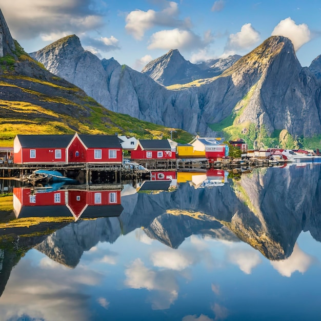 Hermoso pueblo de pescadores en el fiordo Hermosa naturaleza con cielo azul reflejo en el agua playa rocosa y casa de pesca Lofoten Reine Noruega