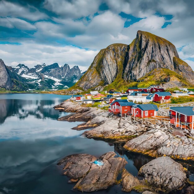 Hermoso pueblo de pescadores en el fiordo Hermosa naturaleza con cielo azul reflejo en el agua playa rocosa y casa de pesca Lofoten Reine Noruega