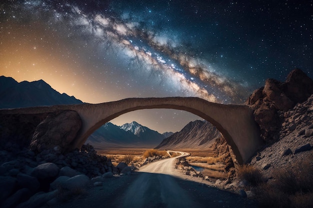 Hermoso puente con montaña de la Vía Láctea y fondo del cielo, ai creativo