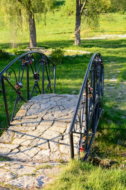 Hermoso puente sobre un arroyo en el parque