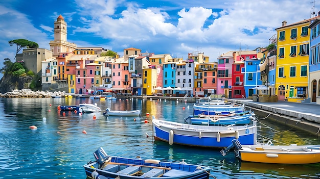 Foto un hermoso puerto con casas coloridas y barcos el agua es tranquila y clara el cielo es azul y hay algunas nubes