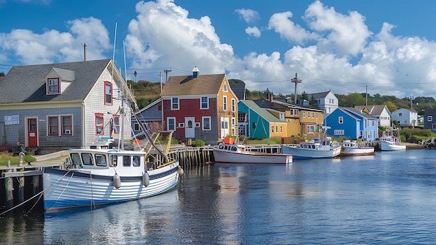 Un hermoso puerto con casas coloridas y barcos el agua es tranquila y tranquila el cielo es azul y hay algunas nubes