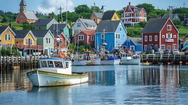 Un hermoso puerto con coloridas casas y barcos el agua es tranquila y todavía refleja el cielo por encima la escena es pacífica y relajante