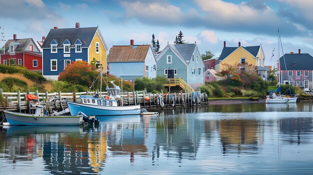 Un hermoso puerto con coloridas casas y barcos El agua está tranquila y todavía refleja el cielo por encima