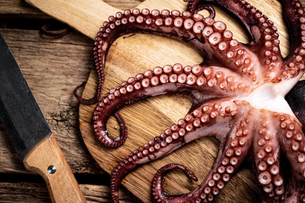 Foto hermoso pulpo en una tabla para cortar