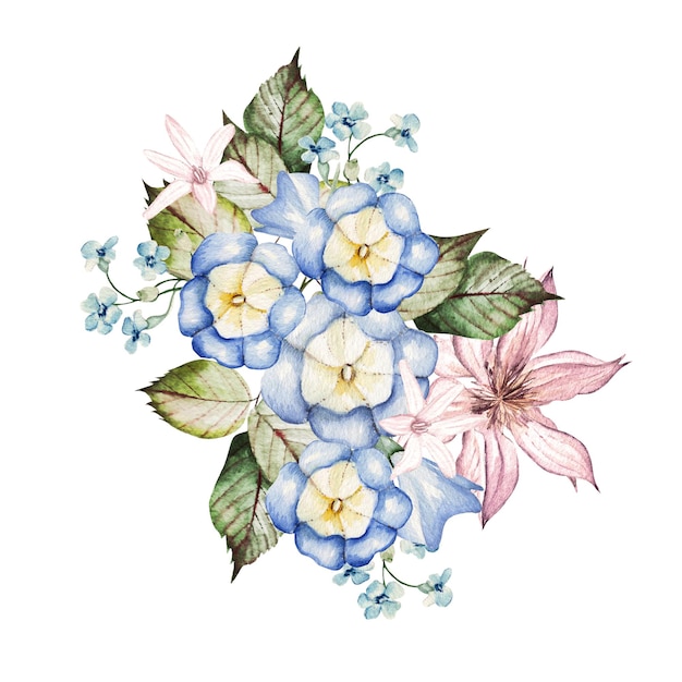 Hermoso ramo de acuarela con clemátide y otras flores. Ilustración