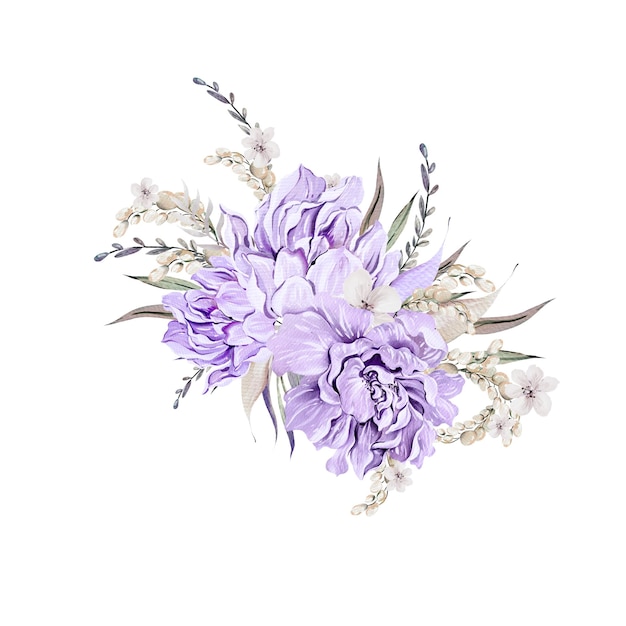 Hermoso ramo de acuarela con hojas y flores de peonía Ilustración