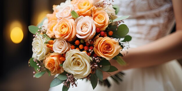 Un hermoso ramo de boda con rosas naranjas en las manos de la novia Una mujer en vestido de novia sosteniendo flores Concepto de estilo de celebración Elemento de diseño de primer plano