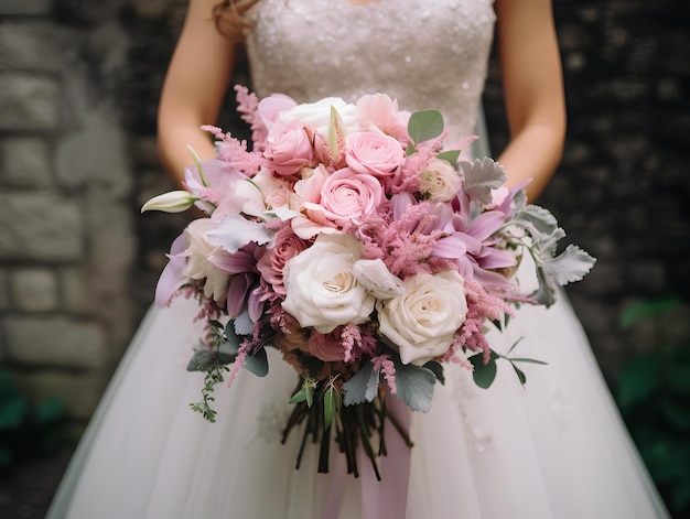 Un hermoso ramo de bodas es rosa con elementos blancos