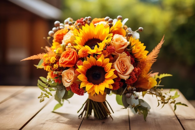 Un hermoso ramo de diferentes flores en un jarrón en la mesa