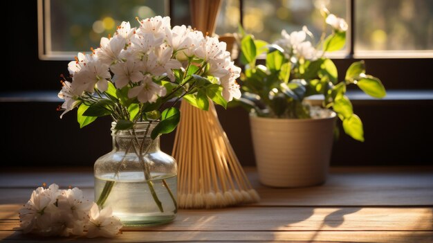 Un hermoso ramo de flores blancas sentadas frente a una ventana