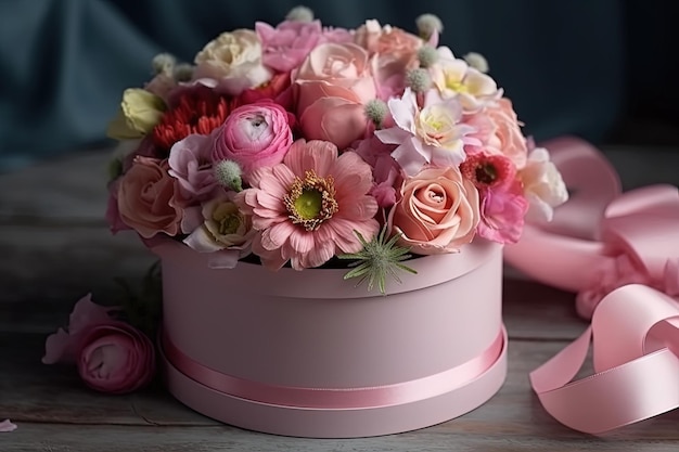 Hermoso ramo de flores en caja redonda y caja de regalo rosa sobre una mesa blanca