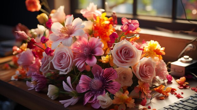 Un hermoso ramo de flores colocado en un escritorio al lado de una computadora moderna