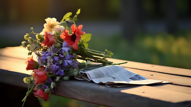 Un hermoso ramo de flores dejado en un banco del parque