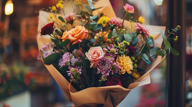 Foto un hermoso ramo de flores en un envoltorio de papel marrón