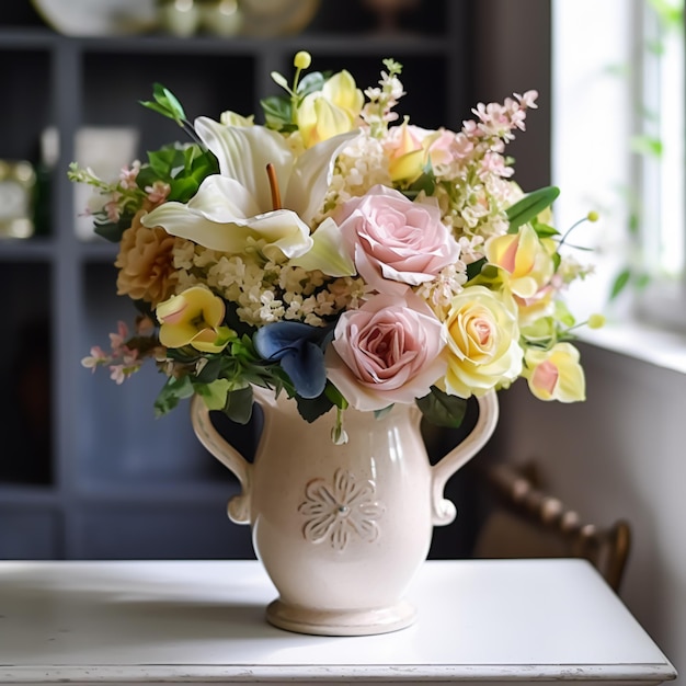 Hermoso ramo de flores frescas en un jarrón vintage estilo campesino decoración del hogar y diseño de interiores generativo ai