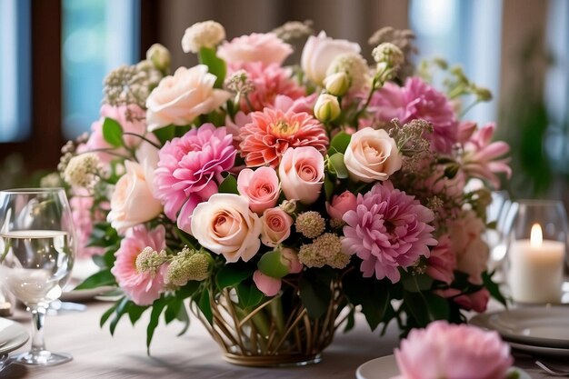 Un hermoso ramo de flores frescas trae elegancia a la mesa