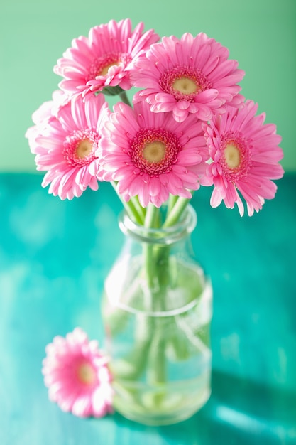 Hermoso ramo de flores de gerbera rosa en florero