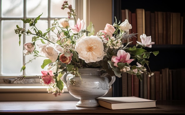 Un hermoso ramo de flores en un jarrón en el alféizar de la ventana