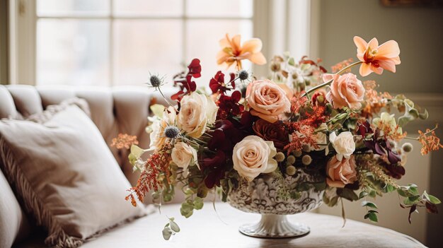 Un hermoso ramo de flores en un jarrón Arreglo floral