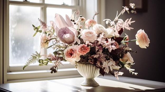 Un hermoso ramo de flores en un jarrón Arreglo floral