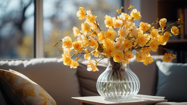 hermoso ramo de flores en jarrón con jarrón en la mesa en el interior