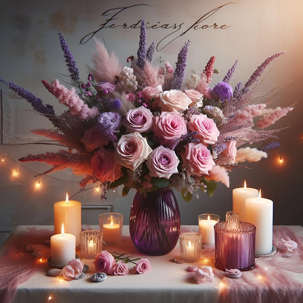 Foto un hermoso ramo de flores en un jarrón de vidrio púrpura con rosas rosas y lavanda púrpura