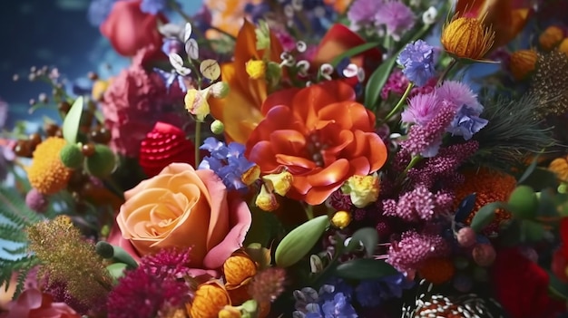 Hermoso ramo de flores mixtas de colores vivos detalle de naturaleza muerta IA generativa