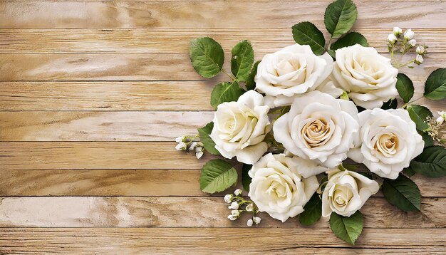 Hermoso ramo de flores de rosa blanca sobre un fondo de madera