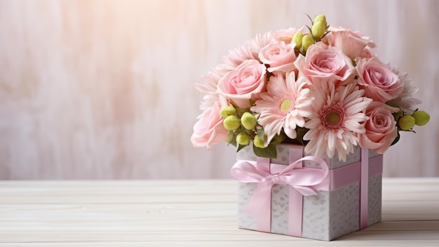 Hermoso ramo de flores rosas y crisantemos y caja de regalo rosa sobre fondo de pared de ladrillo
