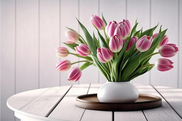 Hermoso ramo de flores de tulipán rosa en la mesa de madera blanca Concepto del día de la madre Vista con espacio de copia La imagen es generada por AI