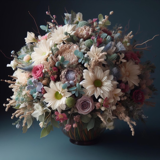 Hermoso ramo de flores en varios tonos de rosa blanco y verde en un jarrón un fondo oscuro