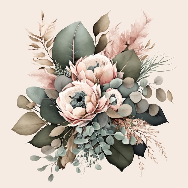 Hermoso ramo de flores de verano con acuarela Ilustración AI Generativo