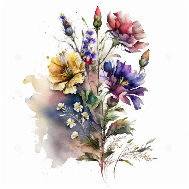 Hermoso ramo de flores de verano con acuarela Ilustración AI Generativo