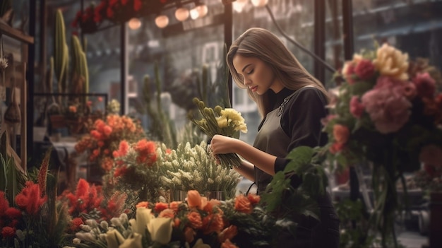 hermoso ramo en una floristería al aire libre trabajando en una floritería asistente en floristería IA generativa
